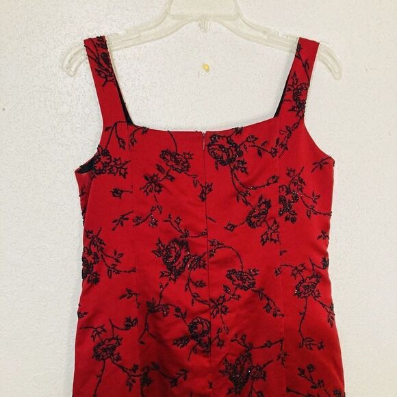 Vintage Jeffrey & Dara Evenings Red Floral Gown Black Beading Sz 10 - Picture 9 of 11
